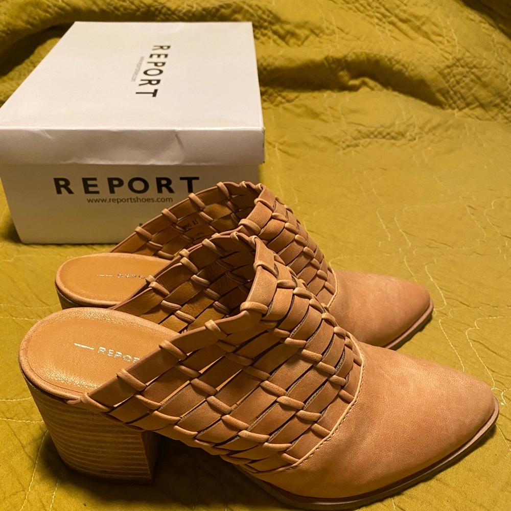 Report tan heeled mules